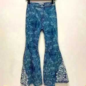 Free People Blue Floaty-Dot High Rise Raw Edge Just Float On Flare Jeans 27 Boho